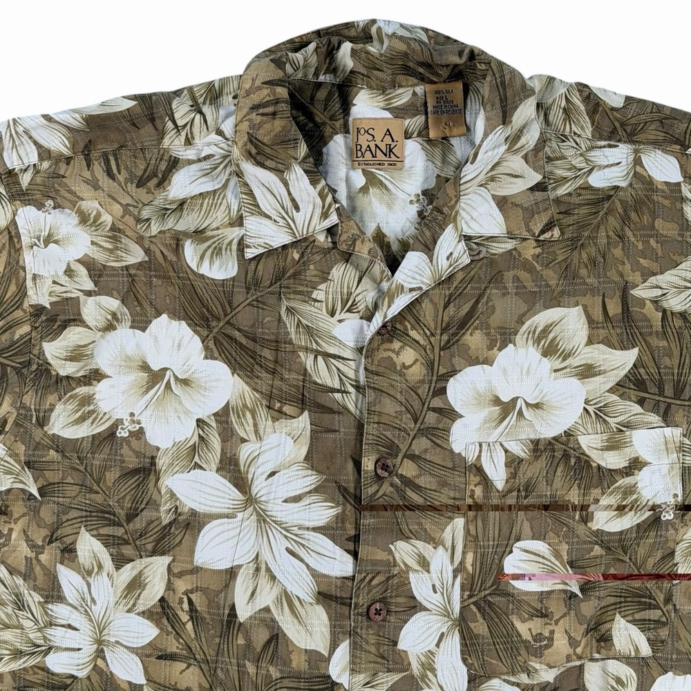 Jos A Bank Men Green Tropical Palm Jacquard Silk Camp Shirt Hibiscus Hawaiian L